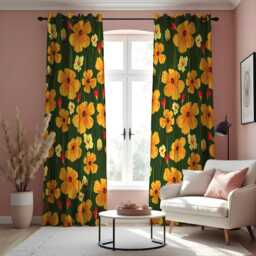 Vibrant Yellow Floral Curtains, Green Botanical Bold Flower Pattern Drapes, Custom Made Eyelet Or Rod Pocket Panels - thumbnail 2