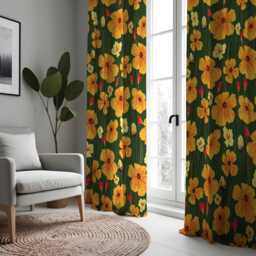 Vibrant Yellow Floral Curtains, Green Botanical Bold Flower Pattern Drapes, Custom Made Eyelet Or Rod Pocket Panels - thumbnail 4