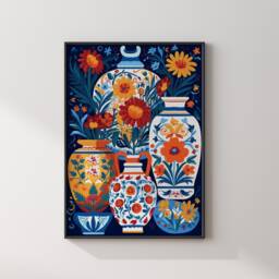 Mexican Talavera Pattern Wall Art - Mexico Print Decor Set Of Floral Vases Edition 2 - thumbnail 1