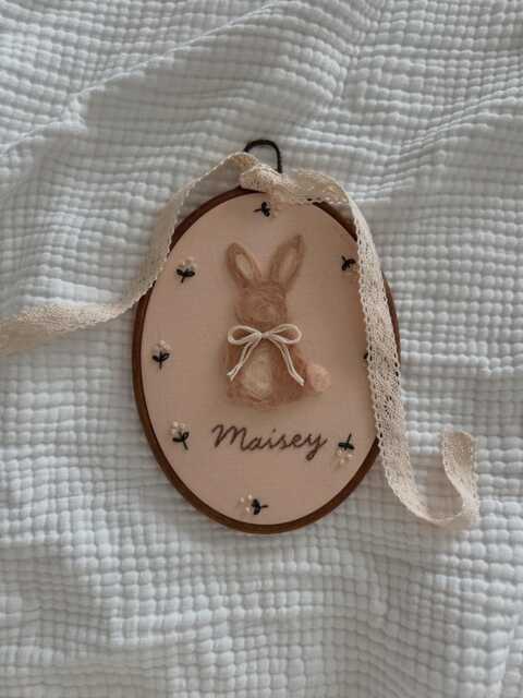 Custom Bunny Name Hoop - Handmade Needle Felt Wall Art Nursery Decor Personalized Baby Gift Embroidered Floral Keepsake - image 1