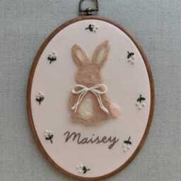 Custom Bunny Name Hoop - Handmade Needle Felt Wall Art Nursery Decor Personalized Baby Gift Embroidered Floral Keepsake - thumbnail 3