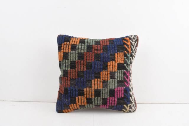 Vintage Turkish Kilim Pillow Cover Handwoven Wool Cushion, 16x16 - image 1