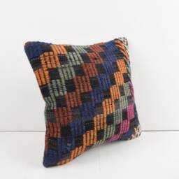 Vintage Turkish Kilim Pillow Cover Handwoven Wool Cushion, 16x16 - thumbnail 2