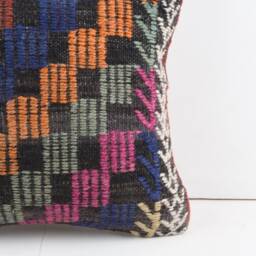Vintage Turkish Kilim Pillow Cover Handwoven Wool Cushion, 16x16 - thumbnail 3