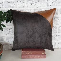 Camel & Gray Faux Leather Pillow Cover Modern Scandinavian Decor - thumbnail 3