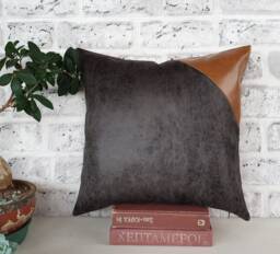 Camel & Gray Faux Leather Pillow Cover Modern Scandinavian Decor - thumbnail 1
