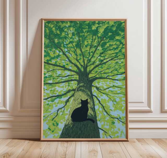 Cat in Tree Poster, Nature Wall Art, Black Silhouette Print, Tranquil Forest Artwork, Animal & Illustration Home Decor - image 1