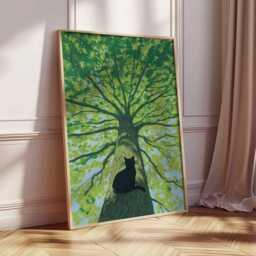 Cat in Tree Poster, Nature Wall Art, Black Silhouette Print, Tranquil Forest Artwork, Animal & Illustration Home Decor - thumbnail 2