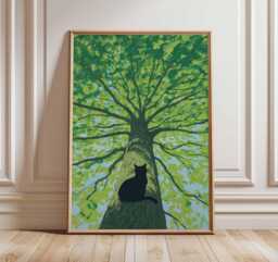 Cat in Tree Poster, Nature Wall Art, Black Silhouette Print, Tranquil Forest Artwork, Animal & Illustration Home Decor - thumbnail 1