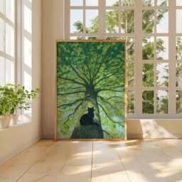 Cat in Tree Poster, Nature Wall Art, Black Silhouette Print, Tranquil Forest Artwork, Animal & Illustration Home Decor - thumbnail 3