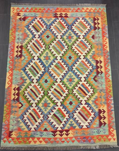 Multicolour Kilim Rug, Handmade Artisan Afghan Turkish Aztec Sheep Wool Rug 202x146 cm - image 1