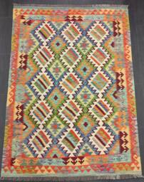 Multicolour Kilim Rug, Handmade Artisan Afghan Turkish Aztec Sheep Wool Rug 202x146 cm - thumbnail 1