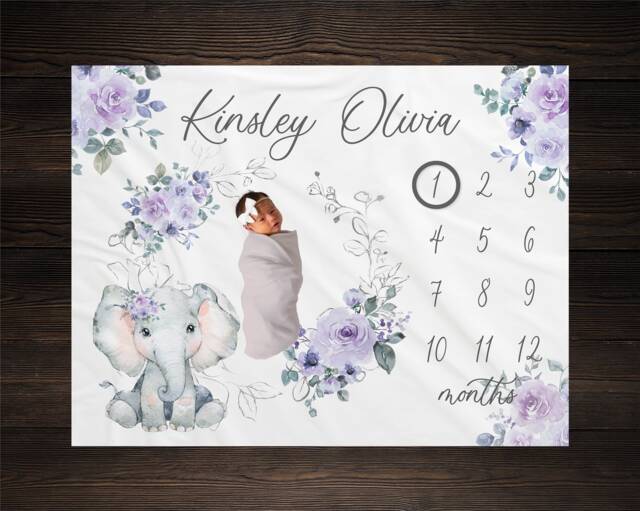 Elephant Milestone Blanket, Baby Month Girl Blanket Track Growth Keepsake Shower Gift Roses Floral Gm09 - image 1