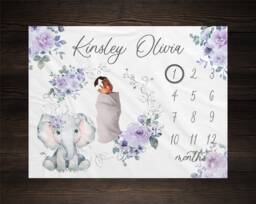 Elephant Milestone Blanket, Baby Month Girl Blanket Track Growth Keepsake Shower Gift Roses Floral Gm09 - thumbnail 1