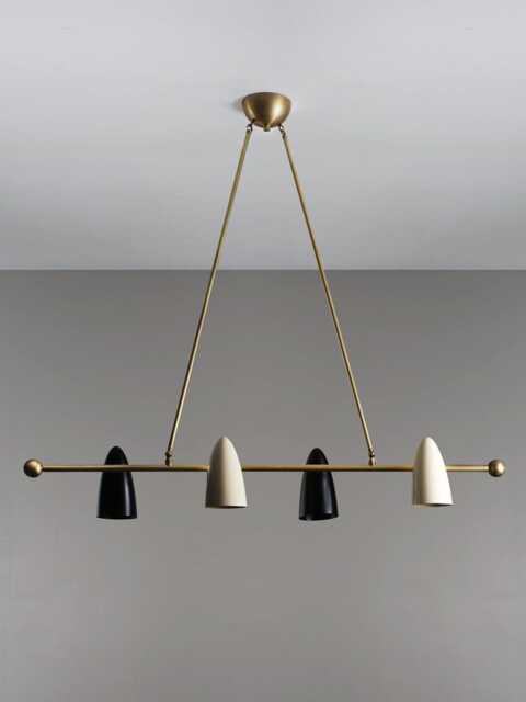 1950's Mid Century Modern Brass Chandelier - 4 Light Pendant Fixture Cone Shade Sputnik Black & White Ceiling Light - image 1