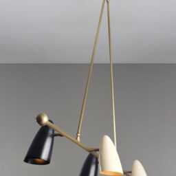 1950's Mid Century Modern Brass Chandelier - 4 Light Pendant Fixture Cone Shade Sputnik Black & White Ceiling Light - thumbnail 3