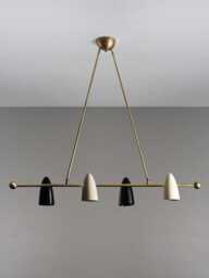 1950's Mid Century Modern Brass Chandelier - 4 Light Pendant Fixture Cone Shade Sputnik Black & White Ceiling Light - thumbnail 1