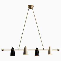 1950's Mid Century Modern Brass Chandelier - 4 Light Pendant Fixture Cone Shade Sputnik Black & White Ceiling Light - thumbnail 2