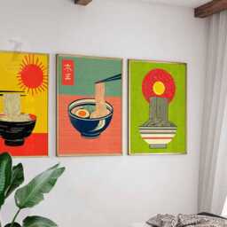 Set Of 3 Japanese Ramen Posters, Retro Noodle Bowl Wall Art, Pop Art Kitchen Prints, Illustration, Asian Food Poster - thumbnail 2