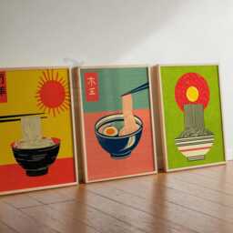 Set Of 3 Japanese Ramen Posters, Retro Noodle Bowl Wall Art, Pop Art Kitchen Prints, Illustration, Asian Food Poster - thumbnail 3