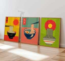 Set Of 3 Japanese Ramen Posters, Retro Noodle Bowl Wall Art, Pop Art Kitchen Prints, Illustration, Asian Food Poster - thumbnail 1