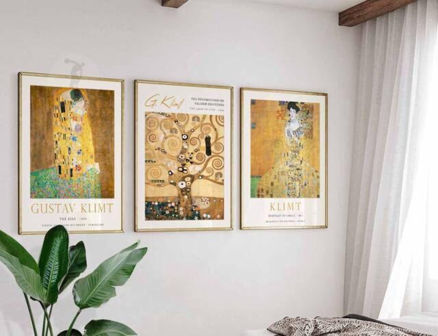 Gustav Klimt Set Of 3 Posters, The Kiss Poster, Gold Art, Botanical Prints, Art Nouveau, Wall Decor - image 1