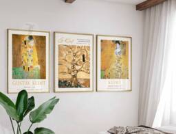Gustav Klimt Set Of 3 Posters, The Kiss Poster, Gold Art, Botanical Prints, Art Nouveau, Wall Decor - thumbnail 1