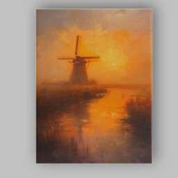 Warm Sunset Windmill Reflection Impressionist Landscape Canvas Wall Art Print Decor Picture Ready To Hang - thumbnail 1