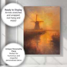 Warm Sunset Windmill Reflection Impressionist Landscape Canvas Wall Art Print Decor Picture Ready To Hang - thumbnail 3