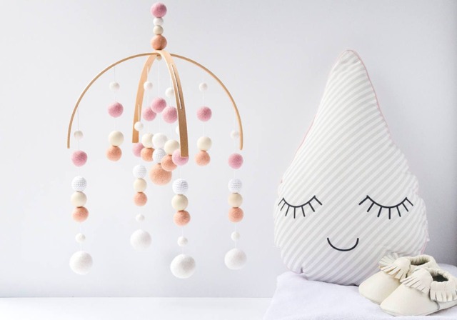 Peach & Pink Baby Mobile - Girl Felt Pom Crib Girls Minimalist Nursery Cot Wooden Arch Ceiling Decoration - image 1