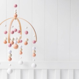 Peach & Pink Baby Mobile - Girl Felt Pom Crib Girls Minimalist Nursery Cot Wooden Arch Ceiling Decoration - thumbnail 2