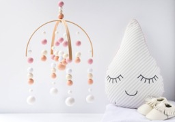Peach & Pink Baby Mobile - Girl Felt Pom Crib Girls Minimalist Nursery Cot Wooden Arch Ceiling Decoration - thumbnail 1