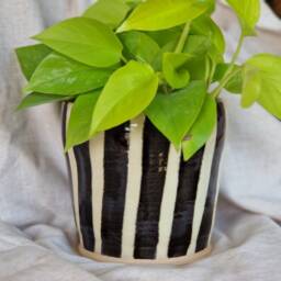 New Stripe Ceramic Planter, Handmade Glazed Pot, White Plant Large Black Vessel, Unique British Gift, Handcrafted Pots