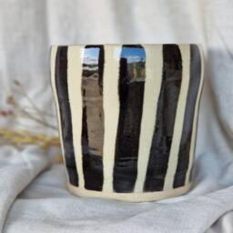 New Stripe Ceramic Planter, Handmade Glazed Pot, White Plant Large Black Vessel, Unique British Gift, Handcrafted Pots - thumbnail 3