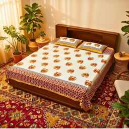 White Handblock Printed Cotton Queen Size Bedsheet - thumbnail 1