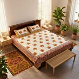 White Handblock Printed Cotton Queen Size Bedsheet - thumbnail 2