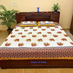 White Handblock Printed Cotton Queen Size Bedsheet - thumbnail 3