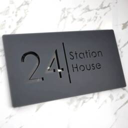K Smart Sign - Bellissima H2 Laser Cut Matt Dark Gray Anthracite & Black Marble Floating House 300mm X 160mm - thumbnail 2