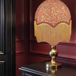 Traditional William Morris Crimson Red Willow Bough Fabric Dome Lampshade Burgundy Braid & Antique Gold Fringe, Bespoke British Made - thumbnail 2