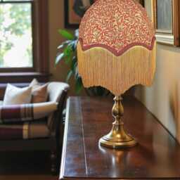 Traditional William Morris Crimson Red Willow Bough Fabric Dome Lampshade Burgundy Braid & Antique Gold Fringe, Bespoke British Made - thumbnail 3