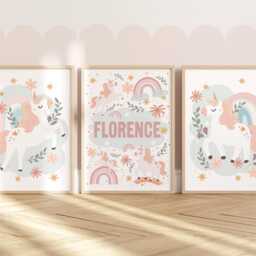 Unicorn Print Set Of 3, Personalised Name, Fairytale Print, Girl Nursery Decor, Pastel Teen Bedroom Art Prints, Gallery Wall - thumbnail 3