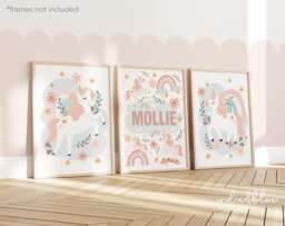 Unicorn Print Set Of 3, Personalised Name, Fairytale Print, Girl Nursery Decor, Pastel Teen Bedroom Art Prints, Gallery Wall - thumbnail 1
