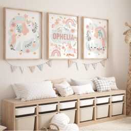Unicorn Print Set Of 3, Personalised Name, Fairytale Print, Girl Nursery Decor, Pastel Teen Bedroom Art Prints, Gallery Wall - thumbnail 2