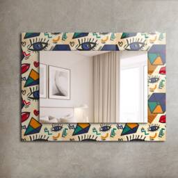 Eyes Mouth Shapes Mirror, Rectangular Mirror With Frame, Blue Wall Printed Decorative Living Room