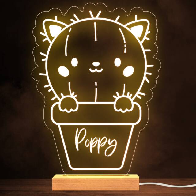 Kids Cute Cat in A Pot Personalised Gift Warm White Lamp Night Light - image 1