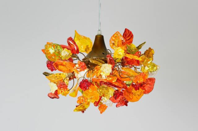 Floral Chandelier Resin Flowers & Leaves, Warm Color Lighting - image 1
