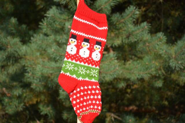 Hand Knitted Christmas Stocking, Home Decor, Personalized Christams Stocking With Snowmen - image 1