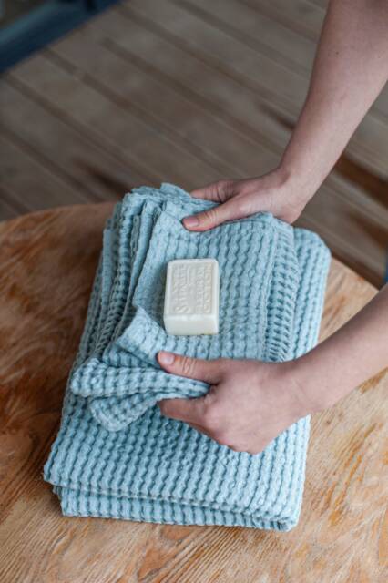 Waffle Linen Towel Set in Sky Blue Body, Hand & Face Waffle Towels. Linen Bath Towels - image 1