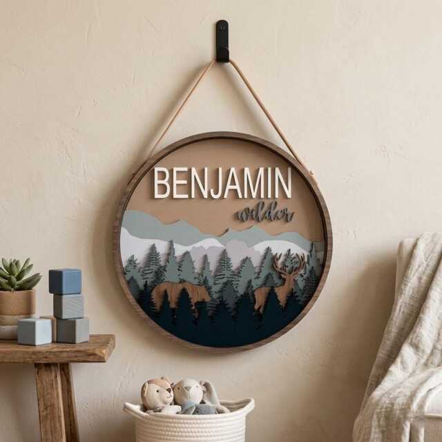 Personalized Woodland Nursery Name Sign, Mountain Forest Wall Decor, Custom Deer Round Wooden Baby Plaque - image 1