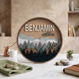Personalized Woodland Nursery Name Sign, Mountain Forest Wall Decor, Custom Deer Round Wooden Baby Plaque - thumbnail 2